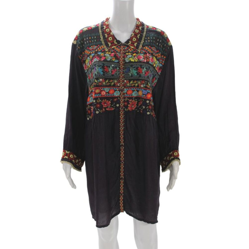 Johnny Was Womens Tunic Blouse Black Floral 3/4 Sleeve Size M